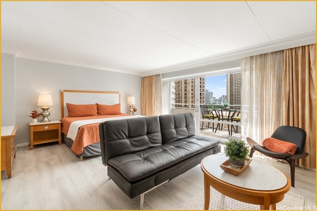 bedroom with access to outside, light hardwood / wood-style flooring, and ornamental molding