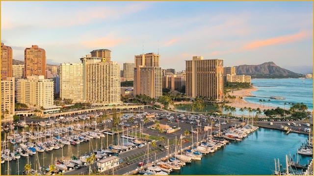 property's view of city featuring a water view