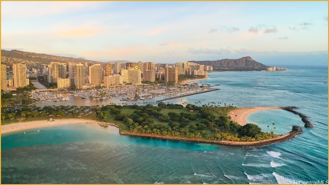 aerial view at dusk with a view of the beach and a water view