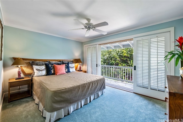 bedroom featuring carpet, access to outside, crown molding, billiards, and ceiling fan