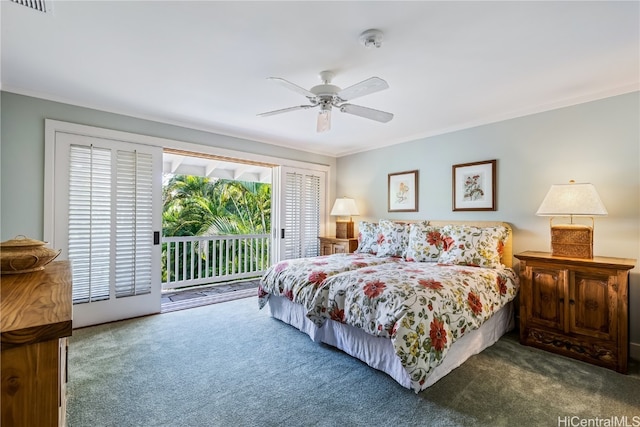 carpeted bedroom featuring access to exterior, ceiling fan, and crown molding