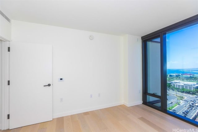 unfurnished room with light hardwood / wood-style flooring and a wall of windows