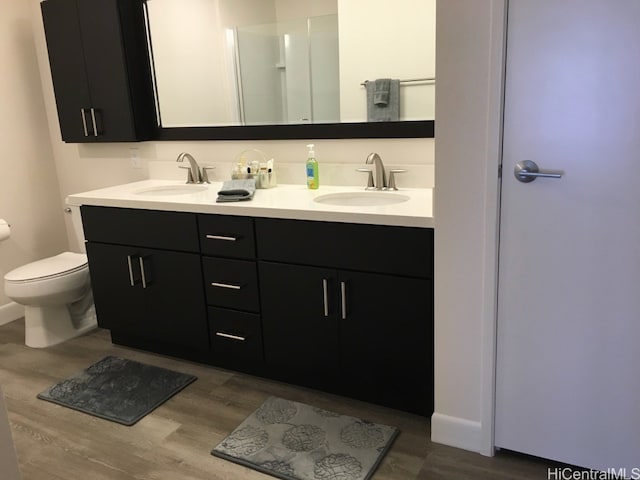 bathroom featuring vanity, hardwood / wood-style flooring, and toilet