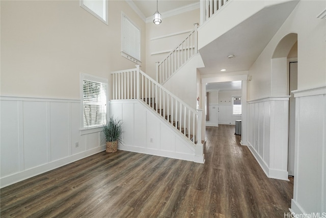 foyer featuring a towering ceiling, dark hardwood / wood-style floors, and ornamental molding