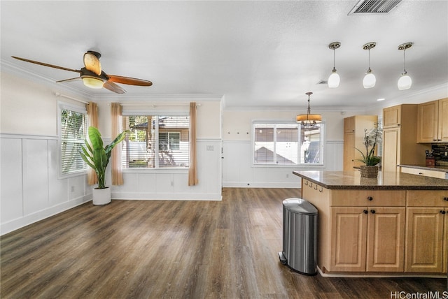 kitchen with dark hardwood / wood-style flooring, hanging light fixtures, crown molding, and ceiling fan