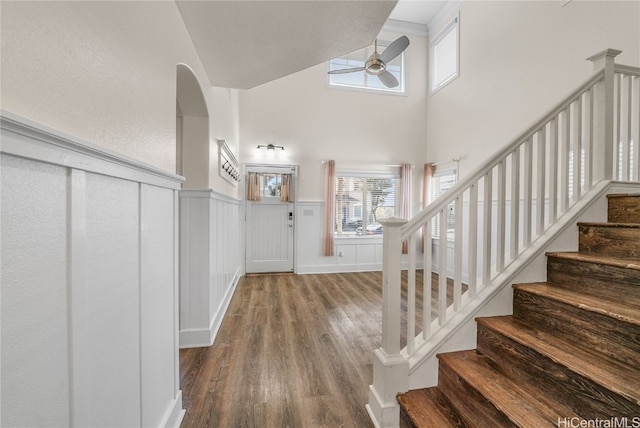 entrance foyer with hardwood / wood-style floors, a towering ceiling, and ceiling fan