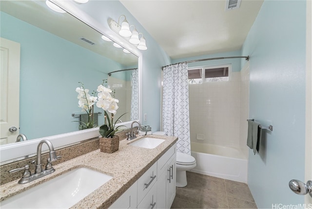 full bathroom with toilet, vanity, shower / bathtub combination with curtain, and tile patterned flooring