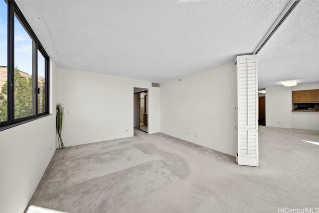 spare room with light carpet and a textured ceiling