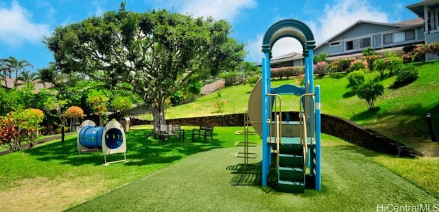 view of playground featuring a yard