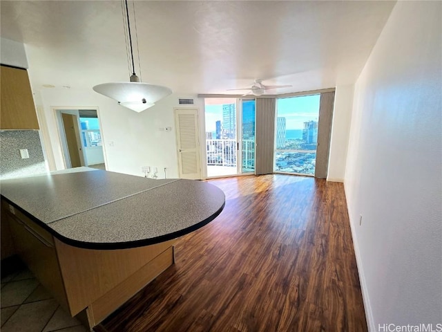 kitchen with backsplash, wood-type flooring, ceiling fan, decorative light fixtures, and a wall of windows