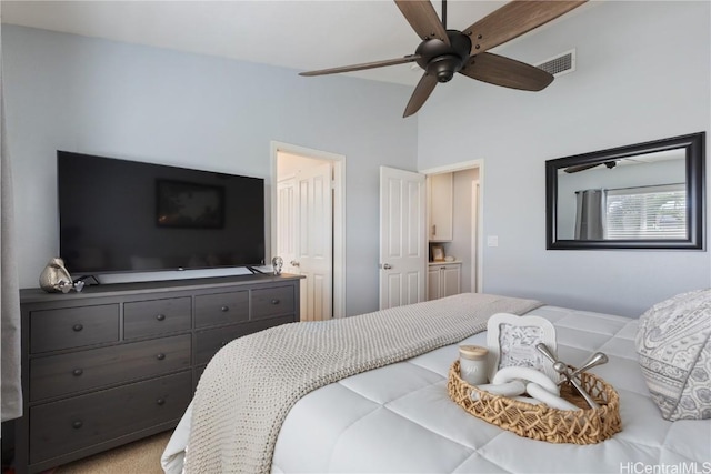 carpeted bedroom with ceiling fan