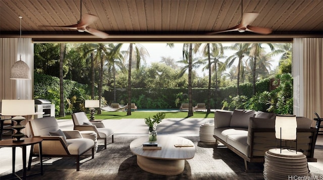 sunroom featuring ceiling fan, a healthy amount of sunlight, and wood ceiling