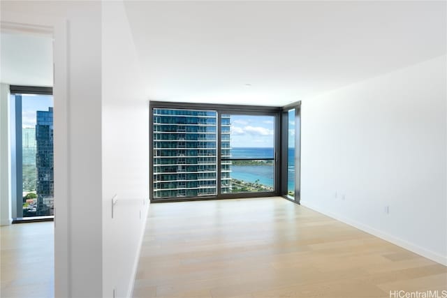 spare room with a water view, a wealth of natural light, expansive windows, and light hardwood / wood-style floors