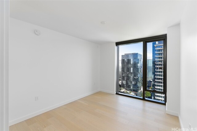 empty room featuring light wood-type flooring and a wall of windows