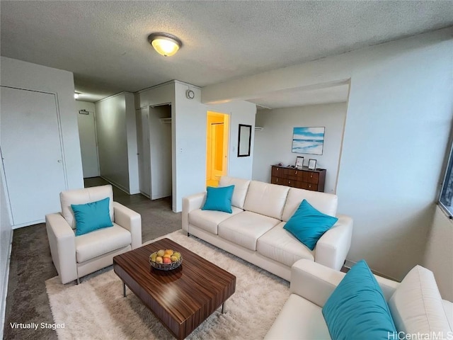 living area featuring carpet and a textured ceiling