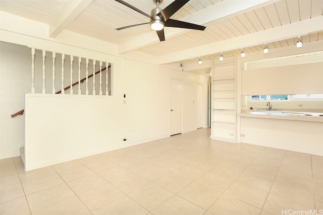 unfurnished room with ceiling fan, sink, beamed ceiling, and wooden ceiling