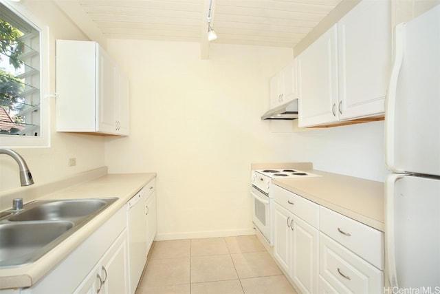 kitchen with white appliances, sink, light tile patterned floors, wooden ceiling, and white cabinetry