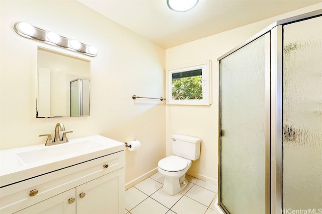 bathroom with tile patterned flooring, vanity, toilet, and a shower with shower door