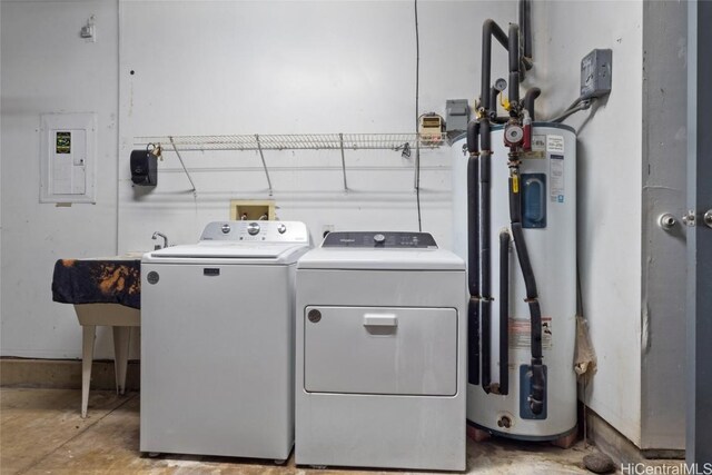 laundry area with washer and clothes dryer, electric panel, and electric water heater