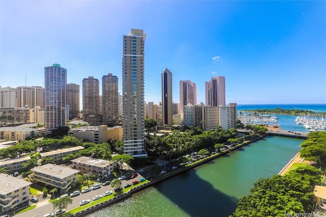 view of city with a water view