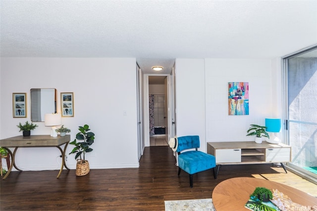 living area featuring wood-type flooring and a textured ceiling