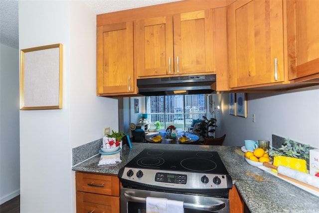 1848 Kahakai Dr Unit 1904, Honolulu, HI 96814 - kitchen with electric range, under cabinet range hood, brown cabinets, dark stone counters, and a textured ceiling