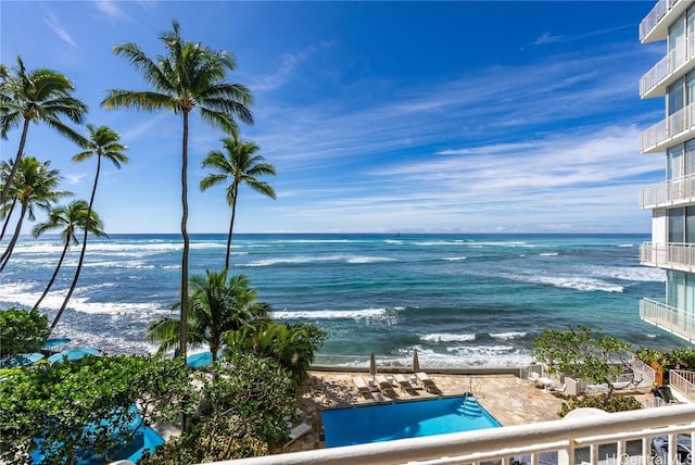 property view of water featuring a beach view