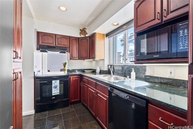 kitchen with black appliances, a sink, granite finish floor, recessed lighting, and extractor fan