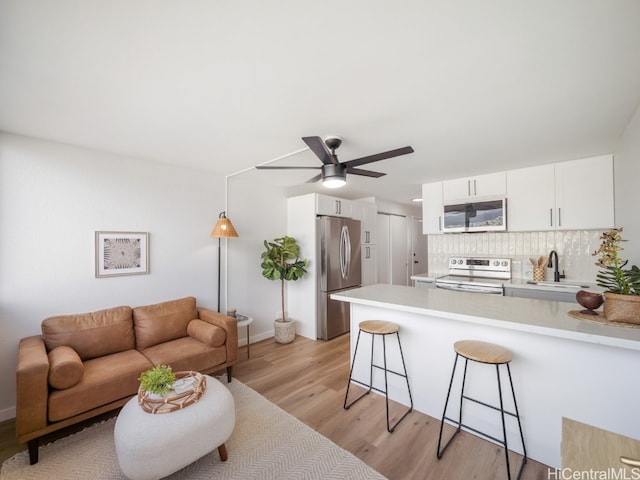 interior space featuring ceiling fan, sink, and light hardwood / wood-style floors