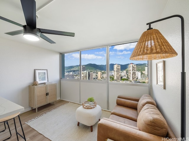 interior space featuring a mountain view, light hardwood / wood-style floors, plenty of natural light, and ceiling fan