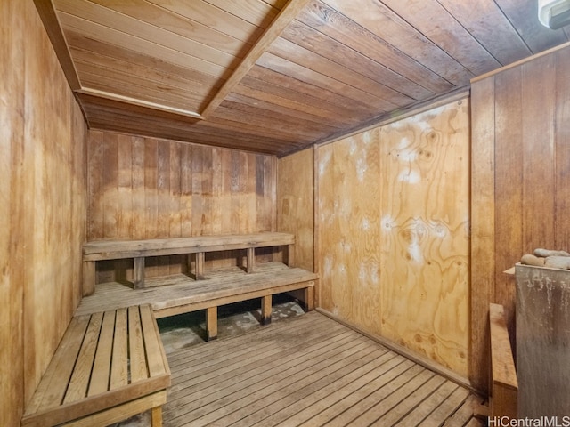 view of sauna featuring hardwood / wood-style flooring