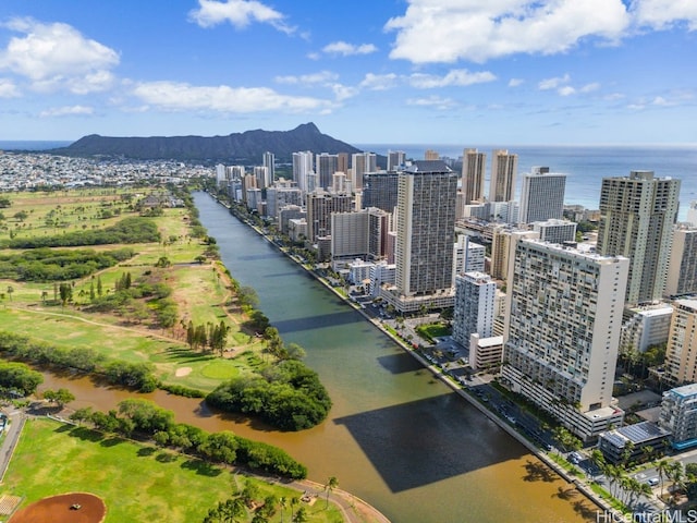 bird's eye view featuring a water and mountain view