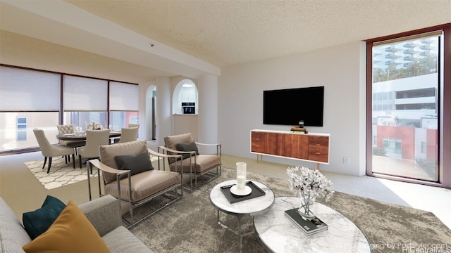 living room featuring a textured ceiling, carpet floors, and a wealth of natural light