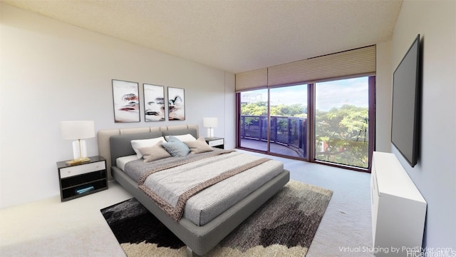 carpeted bedroom with floor to ceiling windows, a textured ceiling, and access to outside