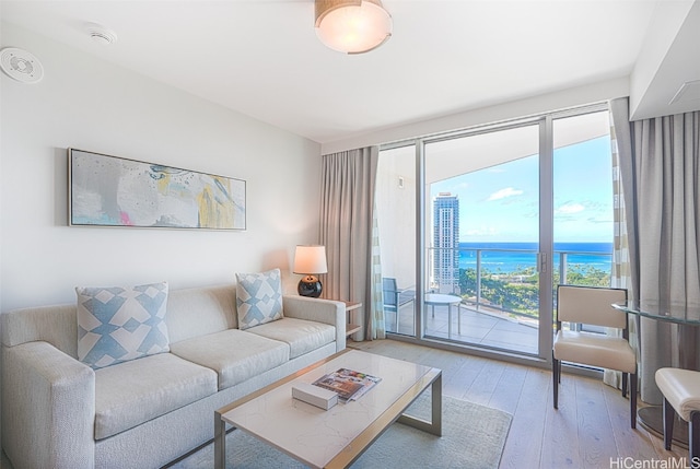 living room featuring a water view and light hardwood / wood-style floors