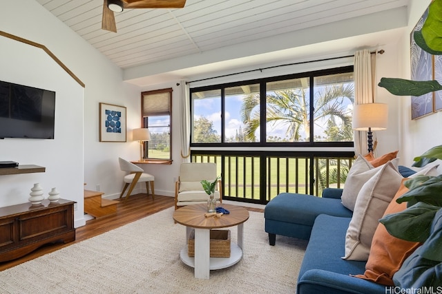 living room with ceiling fan, wood-type flooring, lofted ceiling, and wooden ceiling