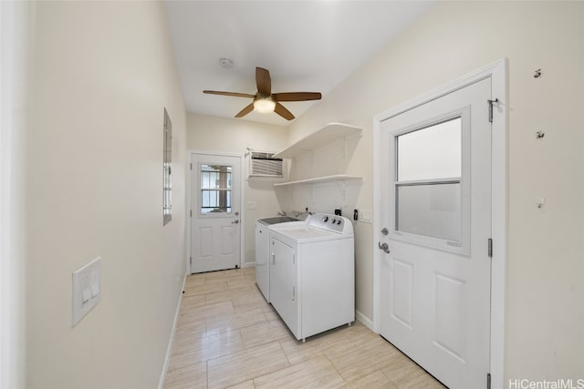 laundry room featuring an AC wall unit, separate washer and dryer, and ceiling fan