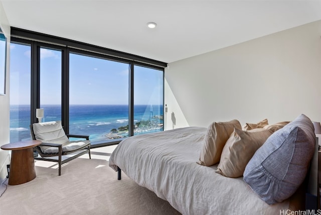 carpeted bedroom with a water view, a wall of windows, and multiple windows