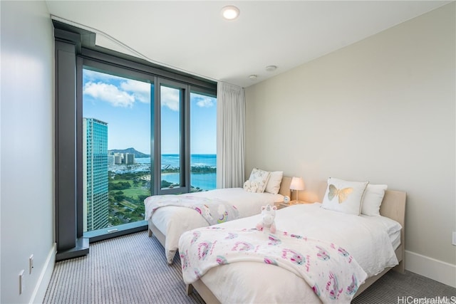 bedroom featuring a water view and carpet floors