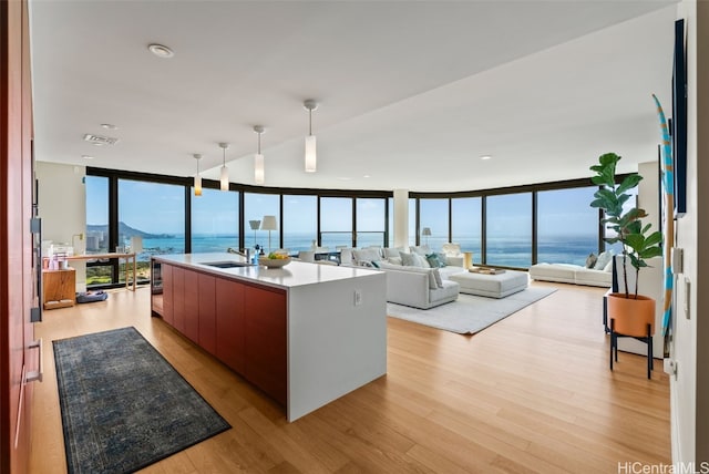 kitchen with plenty of natural light, a water view, a spacious island, and light hardwood / wood-style flooring