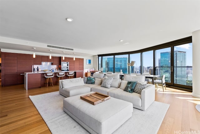 living room with expansive windows and light hardwood / wood-style floors