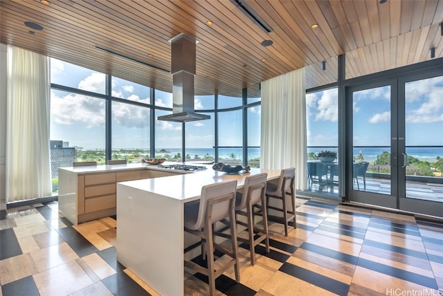 interior space with a water view and wood ceiling