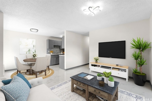 living room with a textured ceiling