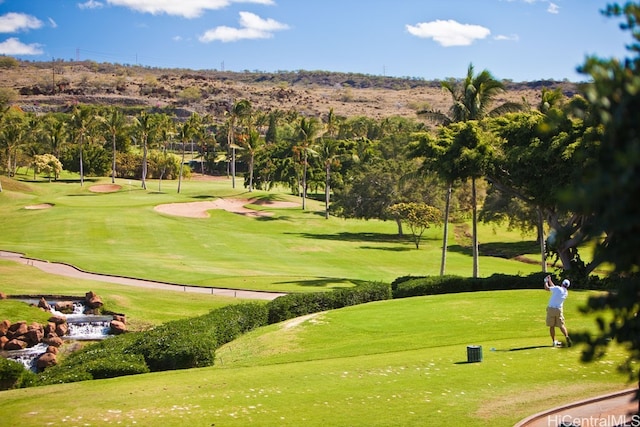 view of community with view of golf course and a lawn