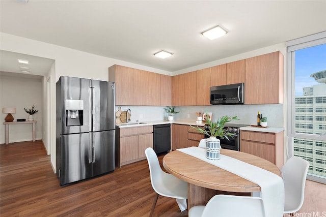 kitchen with appliances with stainless steel finishes, dark hardwood / wood-style flooring, and plenty of natural light