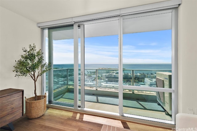 doorway featuring floor to ceiling windows, hardwood / wood-style floors, and a water view