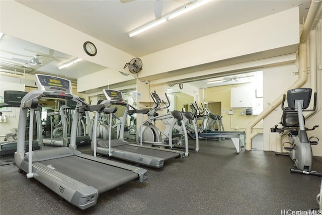 workout area with ceiling fan