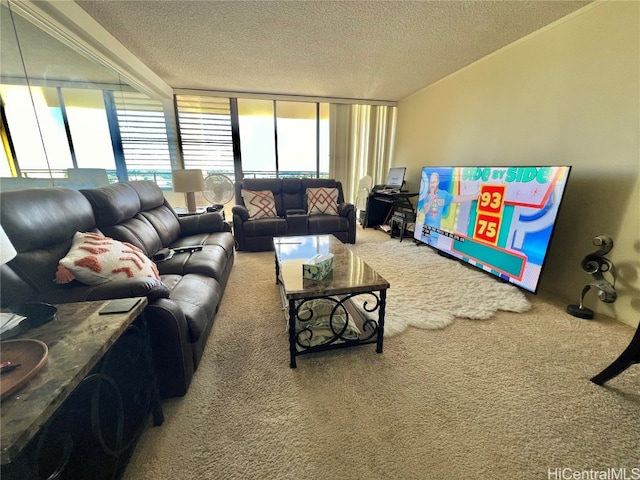 living room featuring a wall of windows, carpet floors, and a textured ceiling