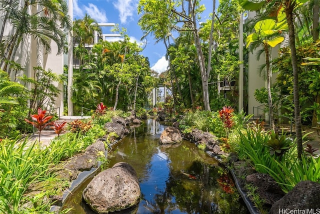 view of property's community featuring a garden pond