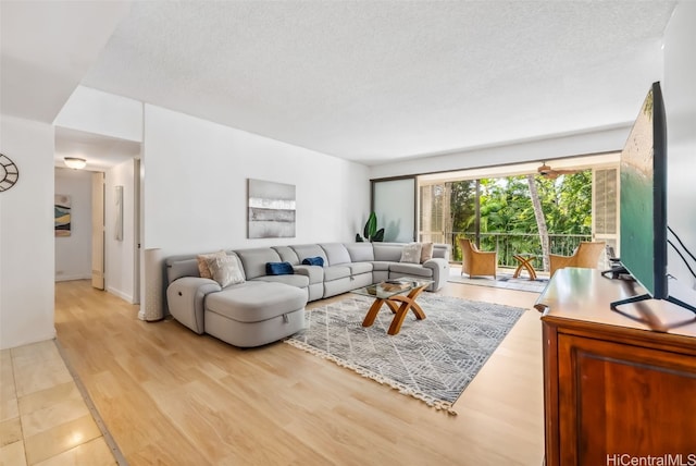 living room with a textured ceiling and light wood-type flooring